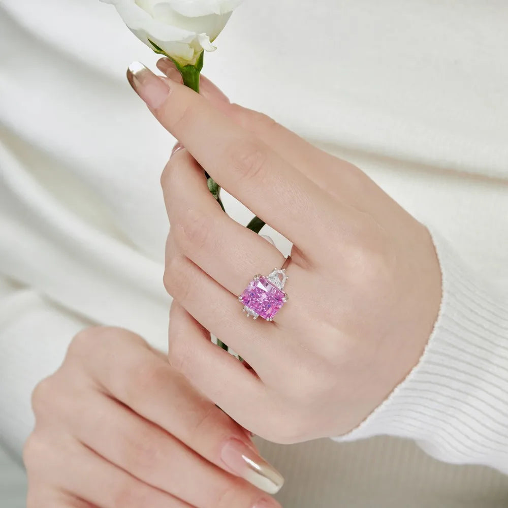 EUREKA 925 Sterling Silver Crushed Ice Cut Lab Pink Sapphire Gemstone Ring For Women Wedding Engagement Jewelry