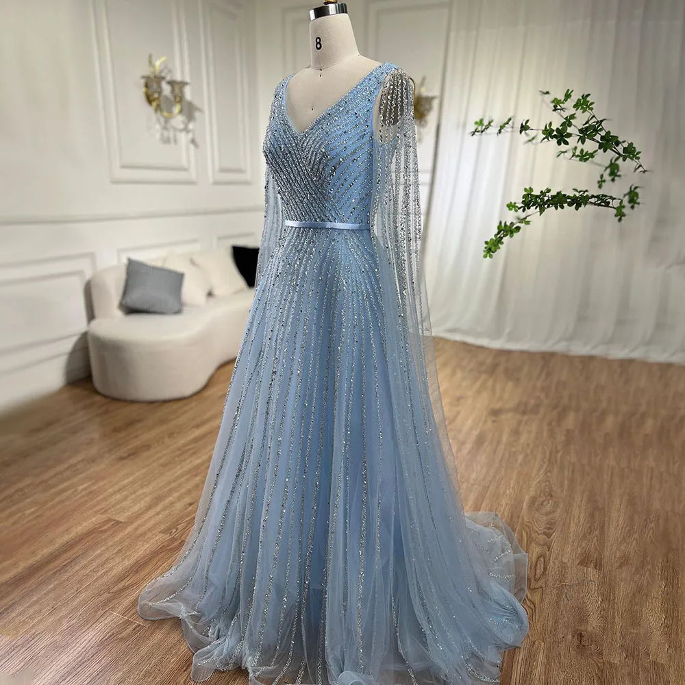 Serene Hill Mint Cape Sleeves A Line Beaded  Dubai Evening Dresses Long 2025 Celebrity Gowns For  Party LA71865 Customized