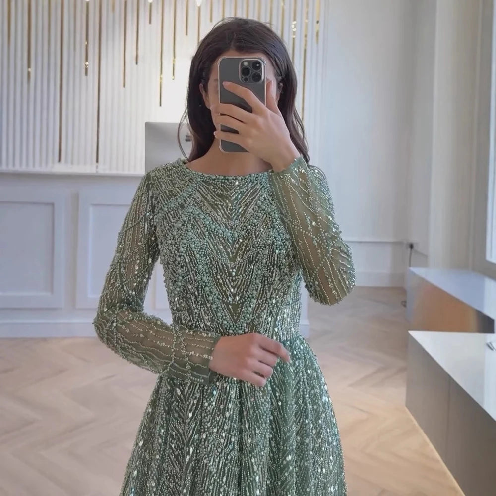 Luxury Olive Green Long Sleeve Beaded A Line Evening Gown for Wedding Party Prom Serene Hill 2025 Customized LA72738B Plus Size