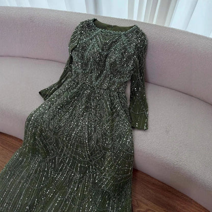 Luxury Olive Green Long Sleeve Beaded A Line Evening Gown for Wedding Party Prom Serene Hill 2025 Customized LA72738B Plus Size