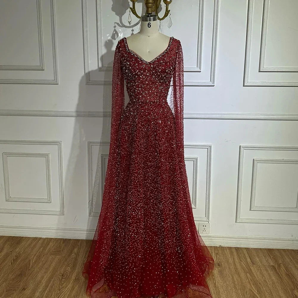 Serene Hill 2025 Customized Saudi Arabic Caramel Beaded Cape Sleeves A Line Evening Dresses For Formal Occasion LA72147A