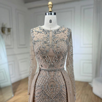 Serene Hill Muslim Silver Nude Mermaid Gown with Detachable Overskirt Beaded Evening Dress for Women Wedding Party 2025 LA71919