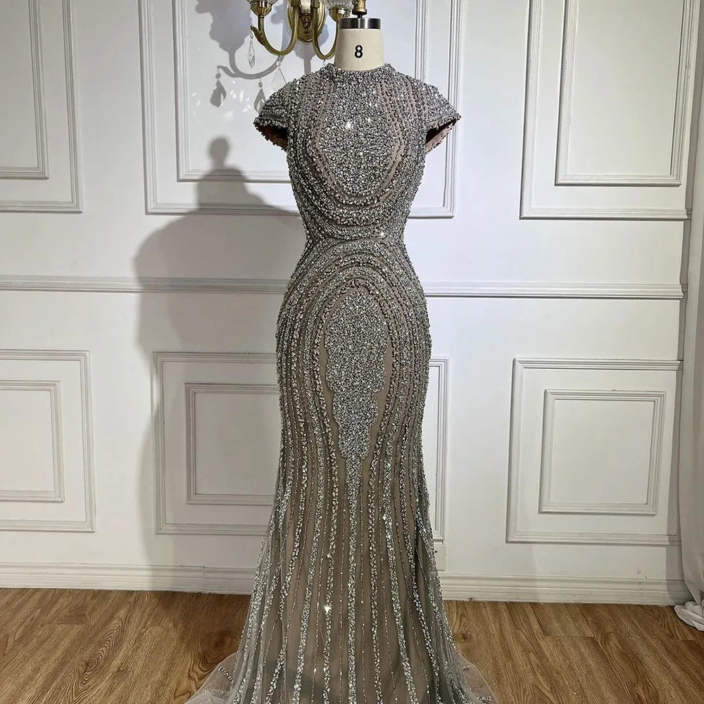 2025 Arabic Dubai Gray Nude Mermaid Floor Length Beaded Luxury Evening Dresses Gowns For Wedding Party LA72344 Customized