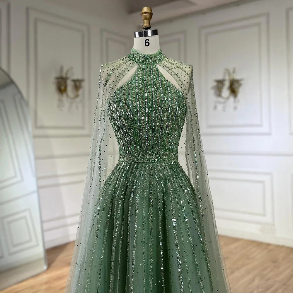 Serene Hill Arabic Turquoise A Line Cape Sleeve Beaded   Evening Dresses Gowns For Occasion 2025 LA72306A Customized