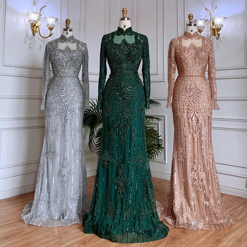 Serene Hill Muslim Green Mermaid Lace Beaded Crystal Luxury Dubai Evening Dresses Gowns For  Party 2025 LA71983 Customized