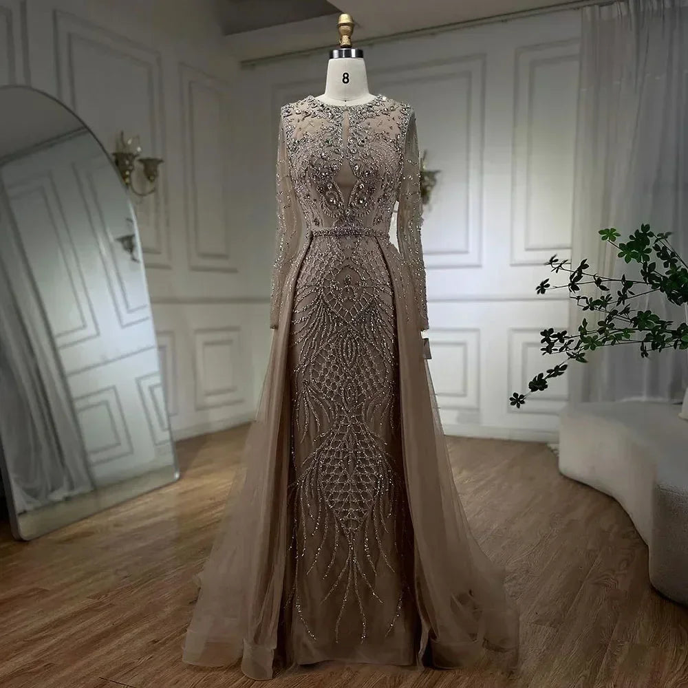 Serene Hill Muslim Silver Nude Mermaid Gown with Detachable Overskirt Beaded Evening Dress for Women Wedding Party 2025 LA71919