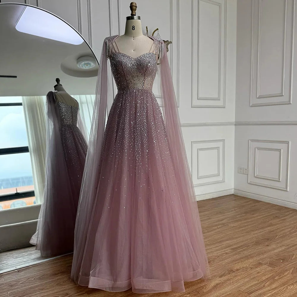 Luxury Pink Tulle Beaded A-Line Evening Dress with Cape Sleeves for Women Prom Serene Hill 2025 Customized Gown LA73072