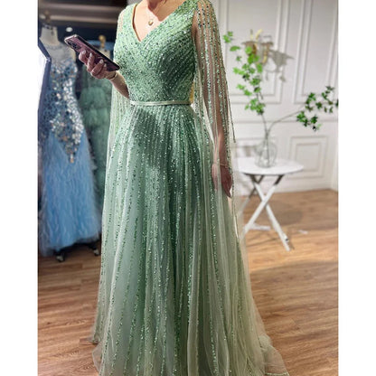 Serene Hill Mint Cape Sleeves A Line Beaded  Dubai Evening Dresses Long 2025 Celebrity Gowns For  Party LA71865 Customized