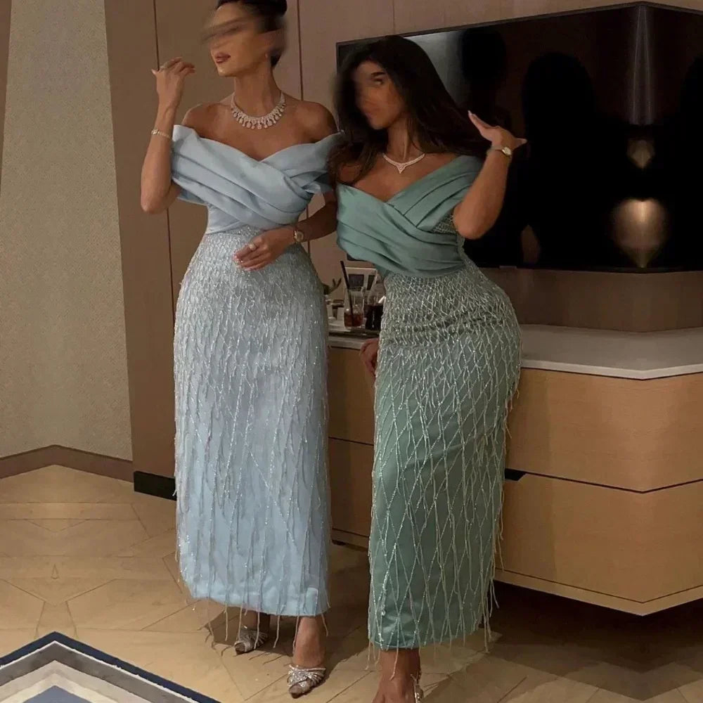 Customized Prom Dresses Classic Exquisite High Quality Jersey Pleat Tassel Straight V-neck Midi Dress Fashion Formal Party Gown