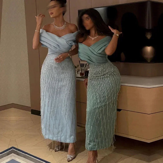 Customized Prom Dresses Classic Exquisite High Quality Jersey Pleat Tassel Straight V-neck Midi Dress Fashion Formal Party Gown