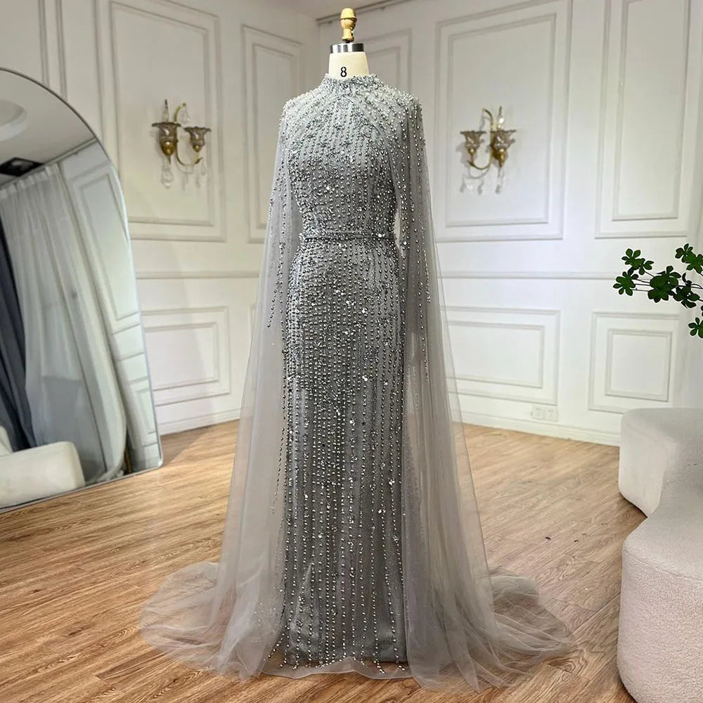 Muslim Nude Mermaid Cape Sleeves Pearls Beaded Luxury Dubai Evening Dresses Gowns 2025 Wedding Party LA72372 Customized