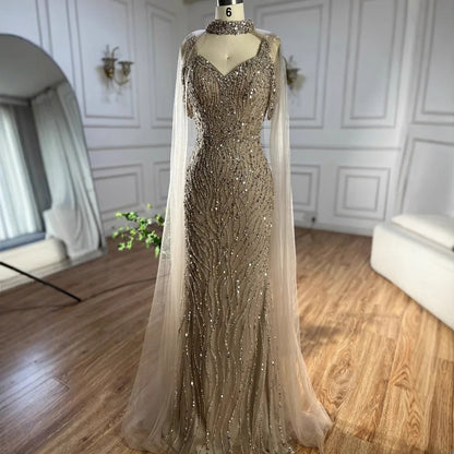 Luxury Caramel Mermaid Evening Gown Beaded Dress with Cape Sleeves Elegant Formal Party Customized LA72921