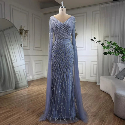 Serene Hill Arabic Mermaid Blue Beaded  Cape   Evening Dress Gown  2025 LA71493A Customized