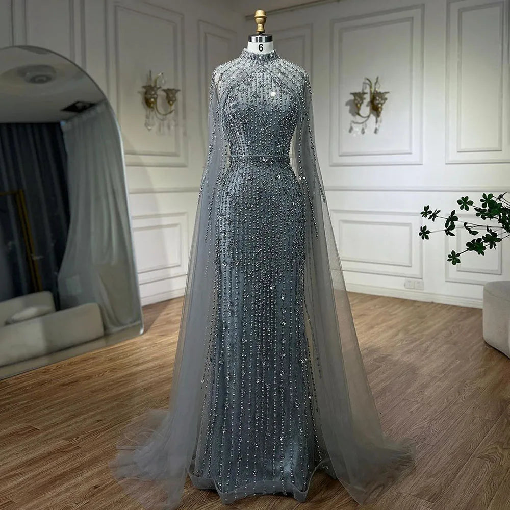 Muslim Nude Mermaid Cape Sleeves Pearls Beaded Luxury Dubai Evening Dresses Gowns 2025 Wedding Party LA72372 Customized