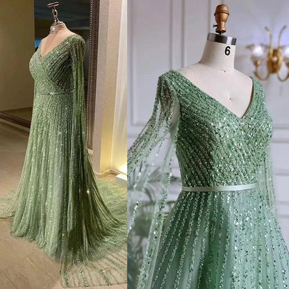 Serene Hill Mint Cape Sleeves A Line Beaded  Dubai Evening Dresses Long 2025 Celebrity Gowns For  Party LA71865 Customized