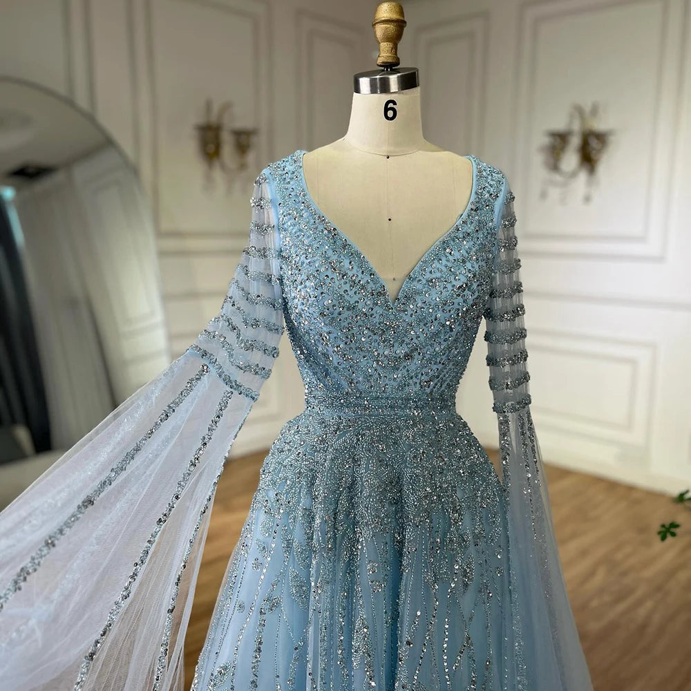 Customized 2025 Arabic Caramel Elegant A-Line Beaded Long Evening Dresses Gowns With Cape Sleeves For Formal Occasio LA72750