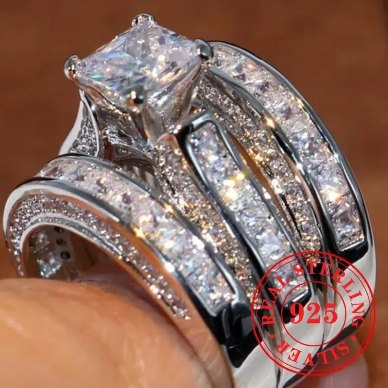 CAOSHI Sparkling Fully Inlaid Zirconia 2Pc/Set Rings 925 Sterling Silver Absolutely Stunning  Jewelry Engagement Women Jewelry