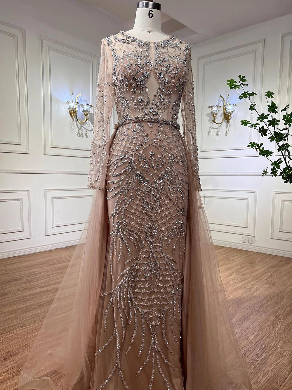 Serene Hill Muslim Silver Nude Mermaid Gown with Detachable Overskirt Beaded Evening Dress for Women Wedding Party 2025 LA71919