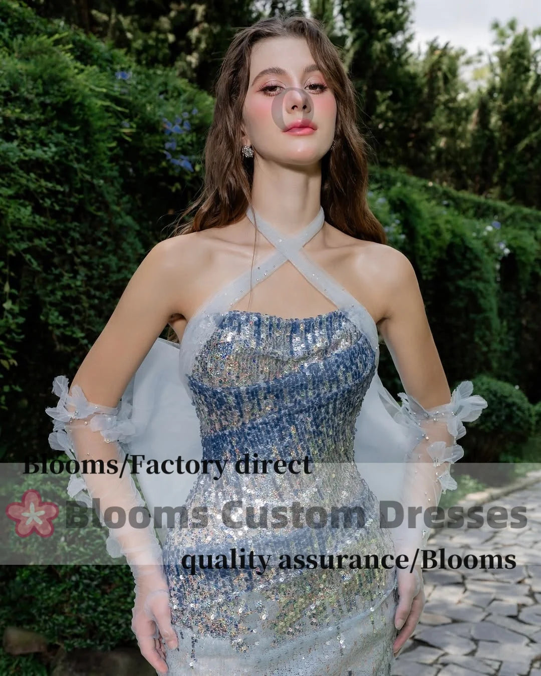 Blooms Customized Sequins Shiny Luxury Evening Dresses For Prom Bow Flowers Gloves Party Gown robes invitée mariage