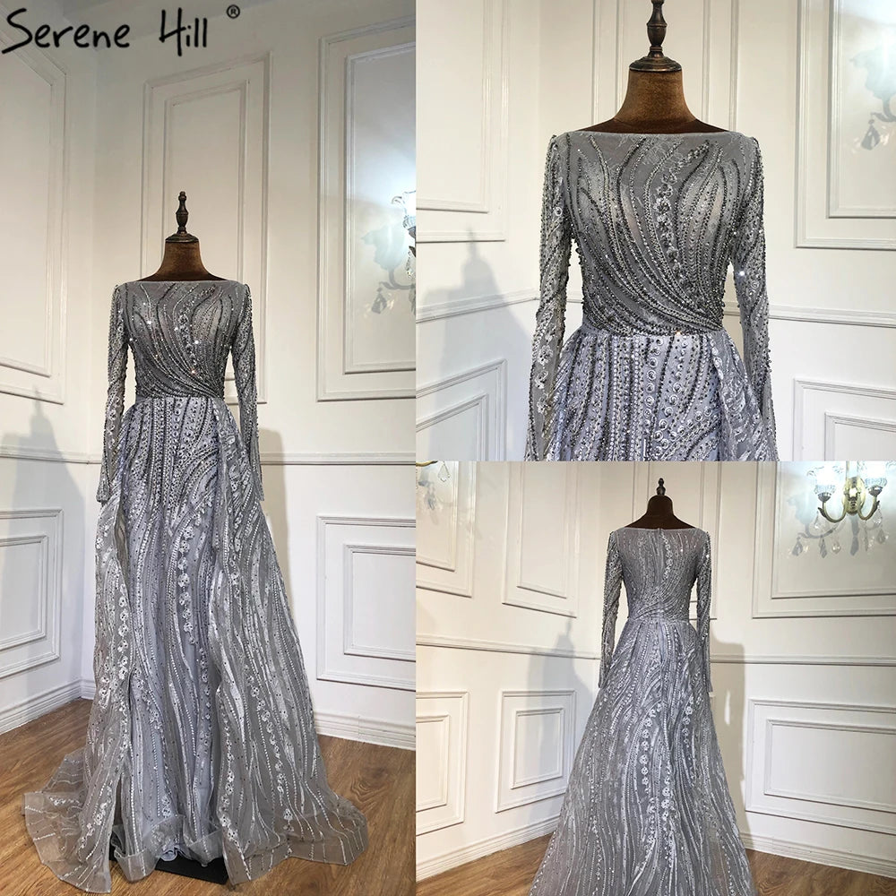 Serene Hill Muslim Grey Beaded  With Overskirt Mermaid  Evening Dresses Gowns Elegant For Women Party Plus Size LA70836