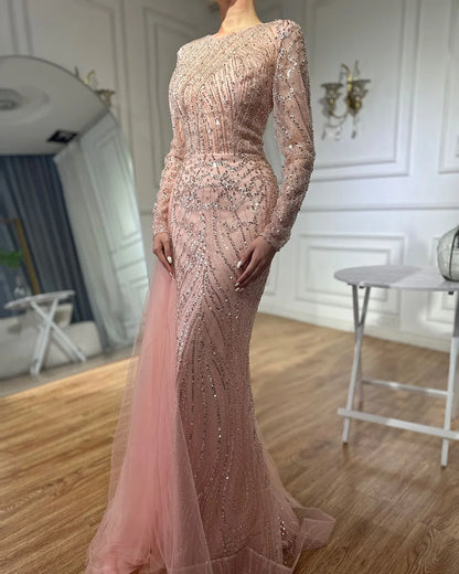Serene Hill Caramel Beaded Mermaid Long Arabic Evening Dresses Gowns With Overskirt for Formal Occasion 2025 LA71673A Customized