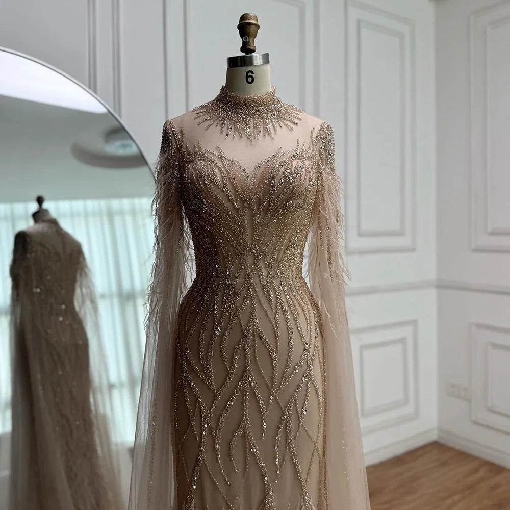 Nude Feather Evening Dress for Women High Neck Cape Sleeve Luxury Beaded Formal Gown Serene Hill 2025 Customized LA71885C