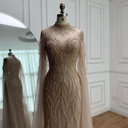Nude Feather Evening Dress for Women High Neck Cape Sleeve Luxury Beaded Formal Gown Serene Hill 2025 Customized LA71885C