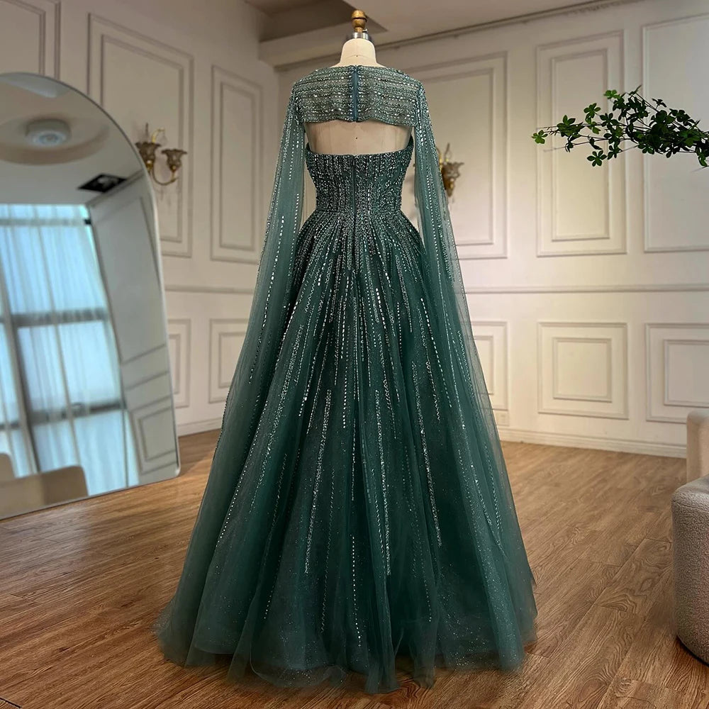 Serene Hill 2025 Arabic Blue Cape  A-Line Beaded Evening Dresses Long Celebrity Gowns  LA72427 Customized