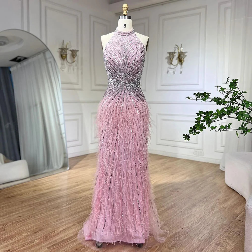Serene Hill Dubai Halter Beige  Feathers Beaded Formal Luxury Mermaid Evening Dresses For Women Wedding Party 2025 LA70623A