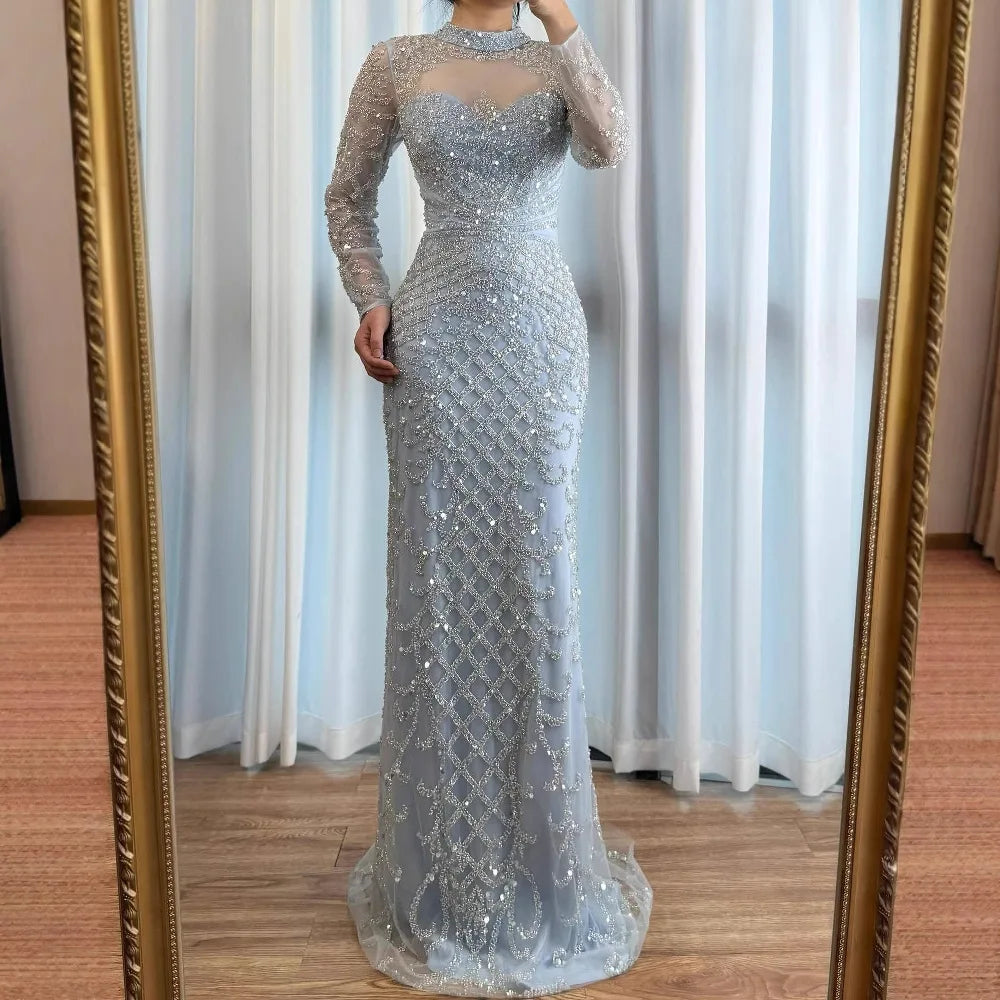 Luxury Caramel Beaded Evening Dress with High Neck Long Sleeves Mermaid Gown Serene Hill 2025 Customized LA71747A