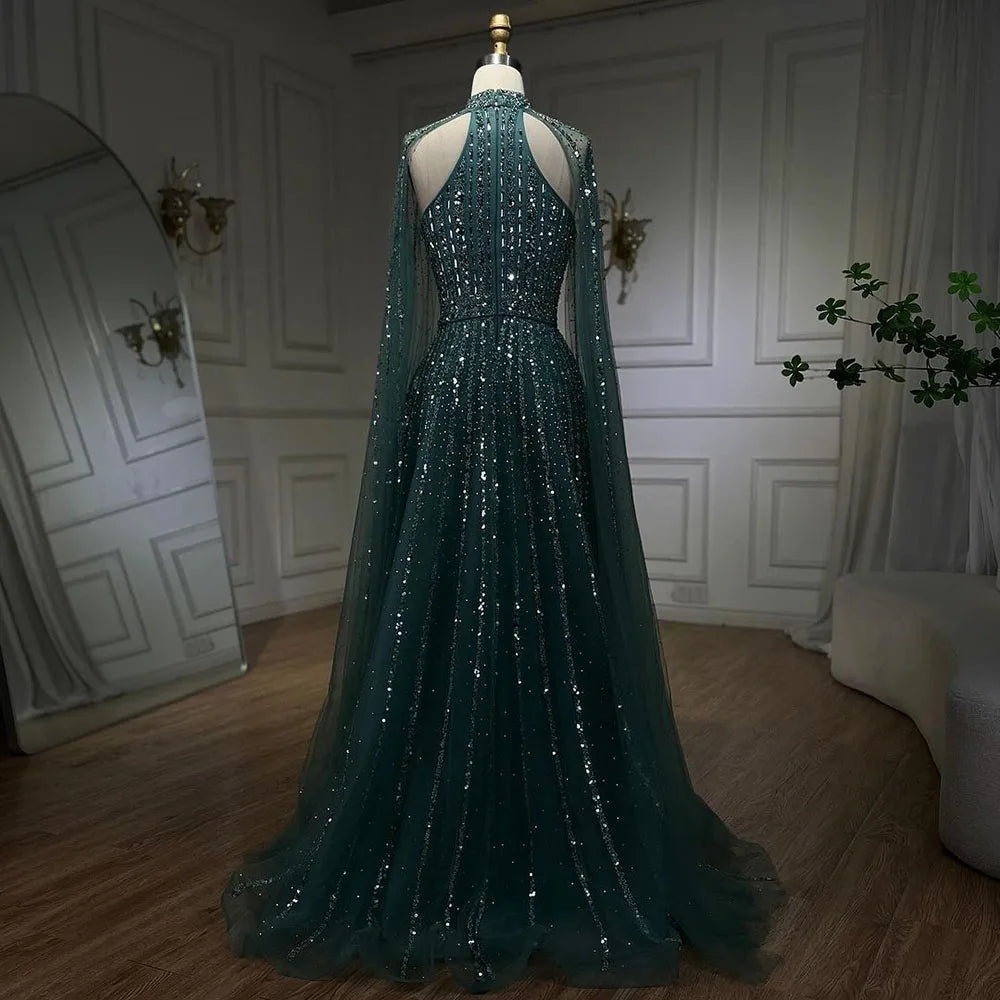 Serene Hill Arabic Turquoise A Line Cape Sleeve Beaded   Evening Dresses Gowns For Occasion 2025 LA72306A Customized