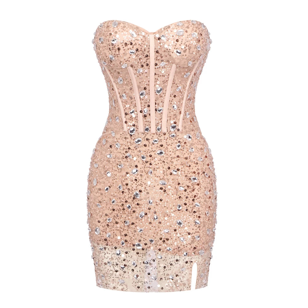 VC Sweetheart Beaded Sequins Sparkly Sheath Short Dress Strapless Tube Crystals Embellished Cocktail Party Evening Outfits