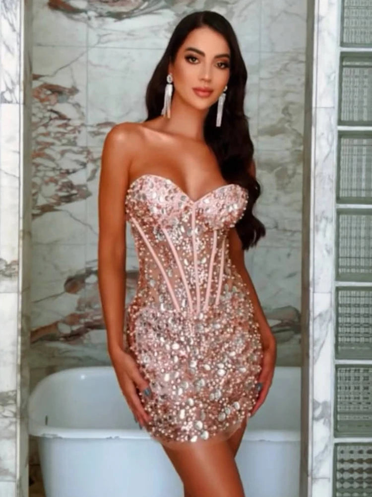VC Sweetheart Beaded Sequins Sparkly Sheath Short Dress Strapless Tube Crystals Embellished Cocktail Party Evening Outfits