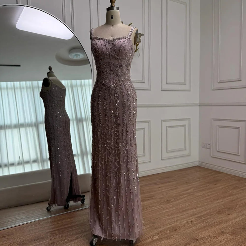 Luxury Arabic Blue Beaded Spaghetti Strap Pink Mermaid Evening Dress for Women Party Serene Hill 2025 Customized LA72725