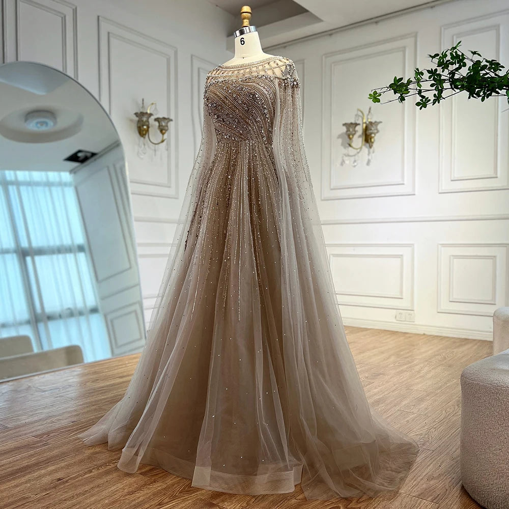 Luxury Caramel Evening Dress with Cape Long Sleeve Beaded Formal Gown for  Occasion Serene Hill 2025 LA72994 Customized
