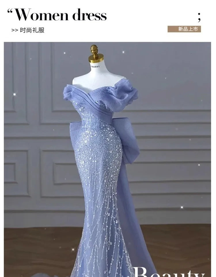 Woman's Dress High Dress Off-Shoulder Blue Evening Dress Light Luxury Niche Mermaid Sequin Host Elegant Party Dress