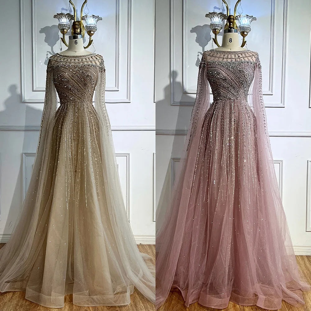 Luxury Caramel Evening Dress with Cape Long Sleeve Beaded Formal Gown for  Occasion Serene Hill 2025 LA72994 Customized