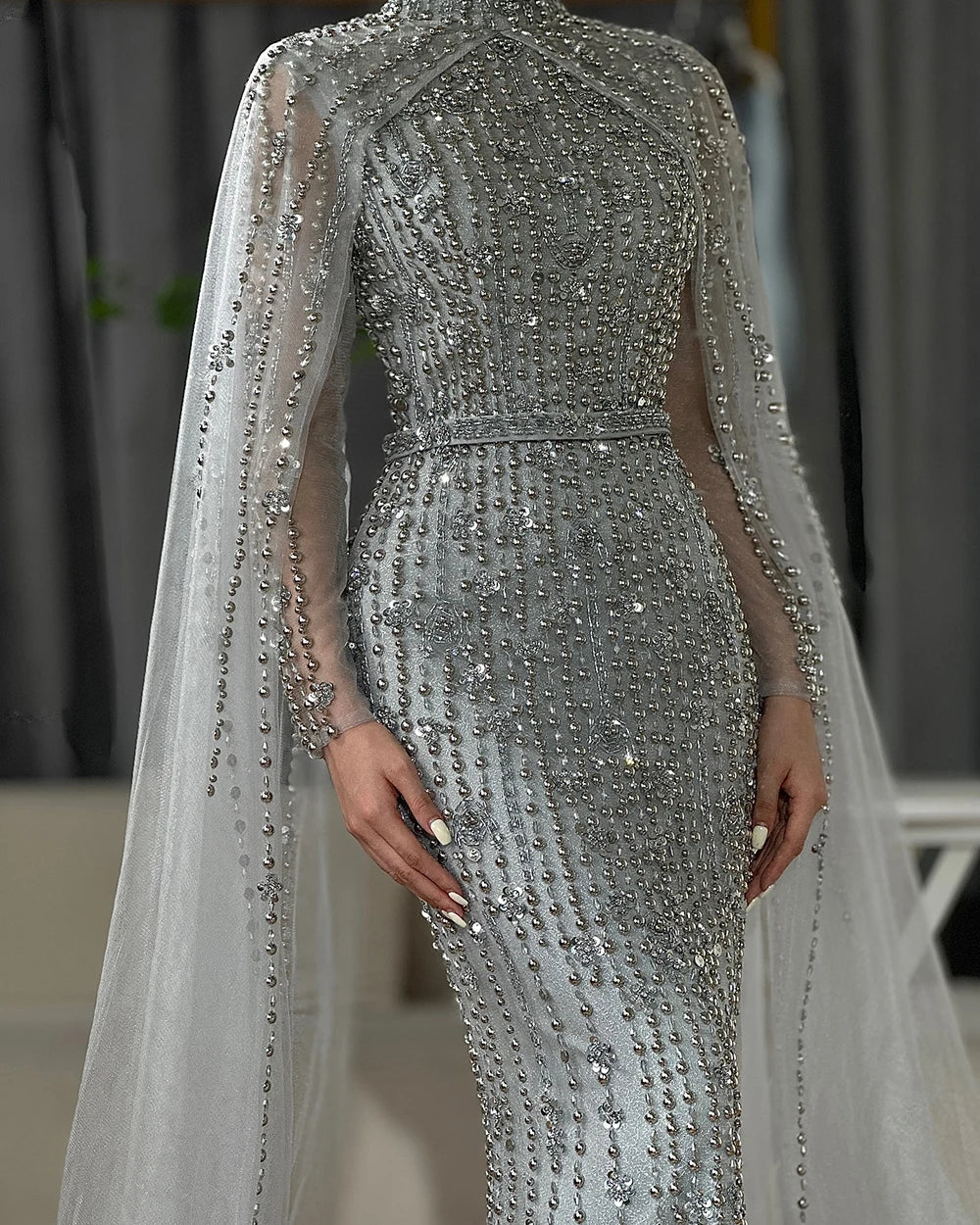 Muslim Nude Mermaid Cape Sleeves Pearls Beaded Luxury Dubai Evening Dresses Gowns 2025 Wedding Party LA72372 Customized