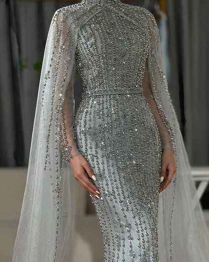Muslim Nude Mermaid Cape Sleeves Pearls Beaded Luxury Dubai Evening Dresses Gowns 2025 Wedding Party LA72372 Customized
