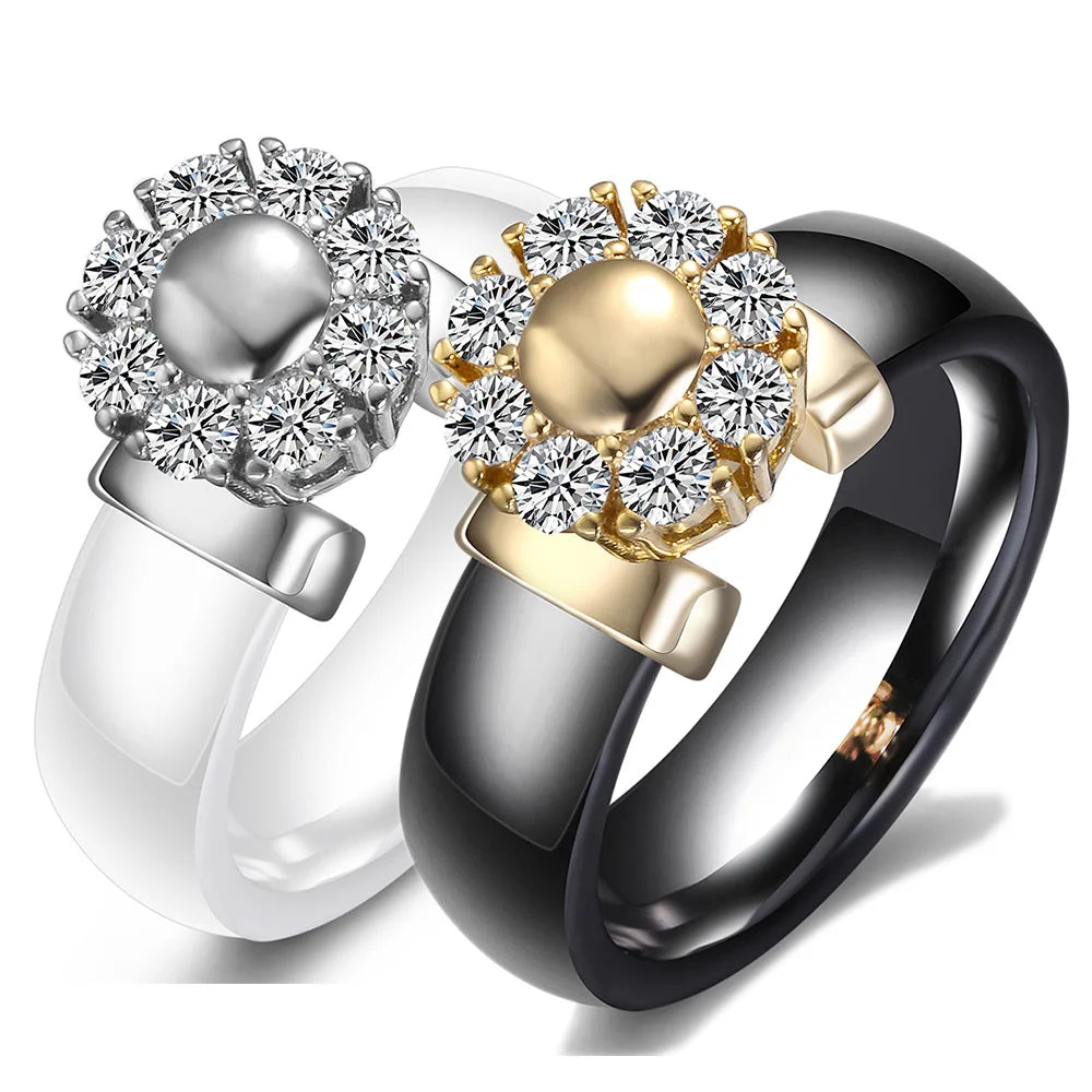 Luxury Sunflower Zircon Ceramic Ring For Women Girl Titanium Steel Metal Finger Jewelry Accessories Gift Black White Color