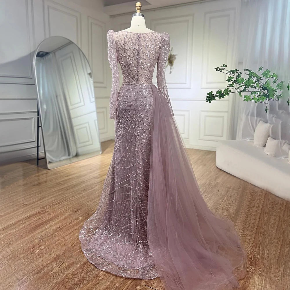 Serene Hill Muslim Gold Mermaid Beaded  Dubai Evening Dresses Gowns With Overskirt 2025 For  Party LA72206 Customized