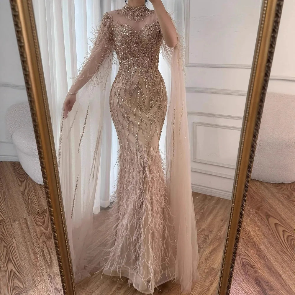 Nude Feather Evening Dress for Women High Neck Cape Sleeve Luxury Beaded Formal Gown Serene Hill 2025 Customized LA71885C