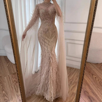 Nude Feather Evening Dress for Women High Neck Cape Sleeve Luxury Beaded Formal Gown Serene Hill 2025 Customized LA71885C