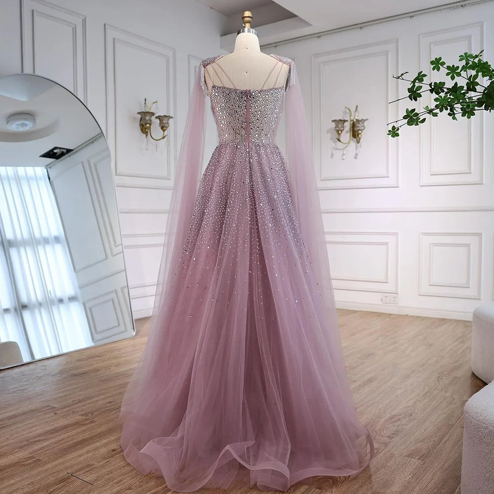 Luxury Pink Tulle Beaded A-Line Evening Dress with Cape Sleeves for Women Prom Serene Hill 2025 Customized Gown LA73072