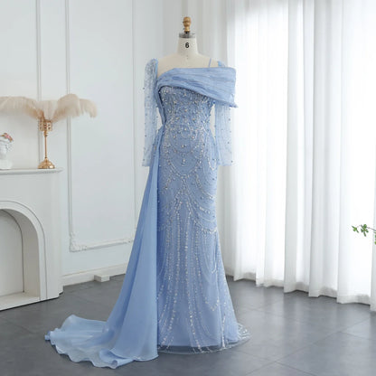 Sharon Said Nude Luxury Crystal Mermaid Evening Dress with Overskirt Long Sleeve Dubai Wedding Formal Prom Gown SS256 Customized