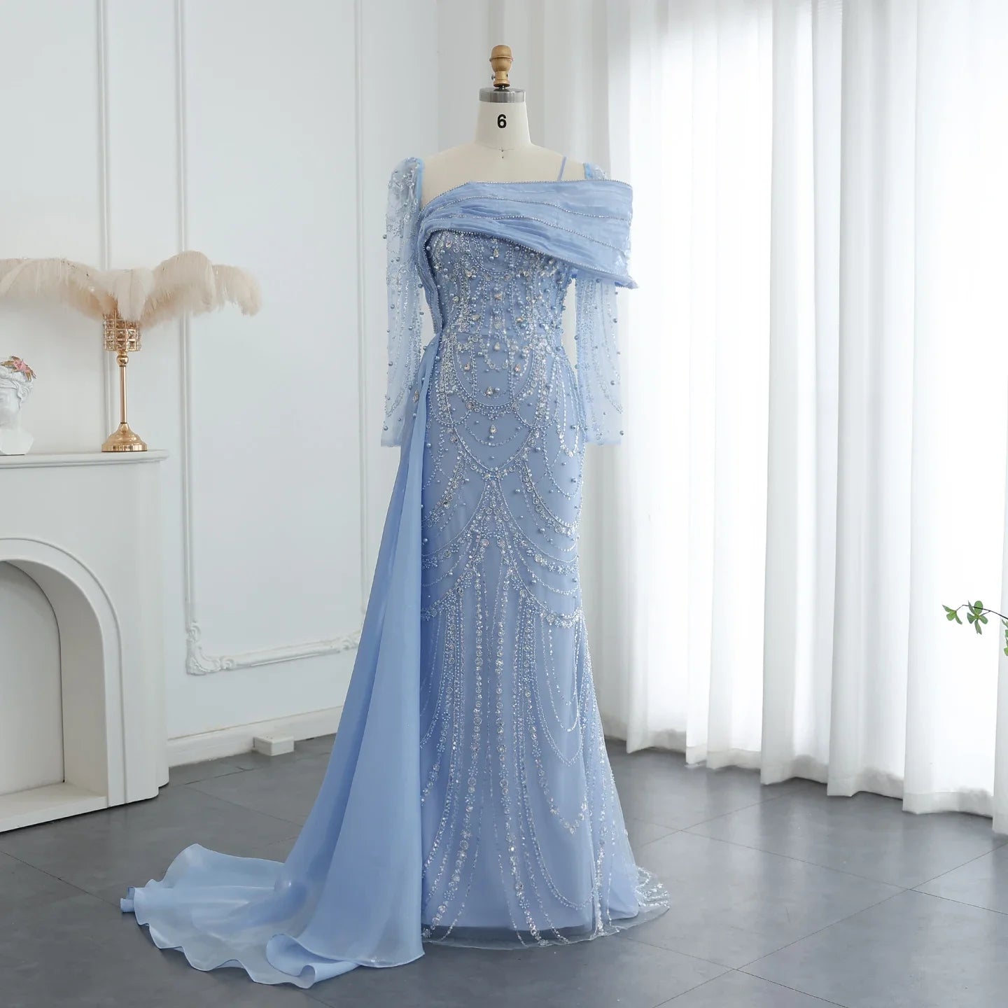 Sharon Said Nude Luxury Crystal Mermaid Evening Dress with Overskirt Long Sleeve Dubai Wedding Formal Prom Gown SS256 Customized