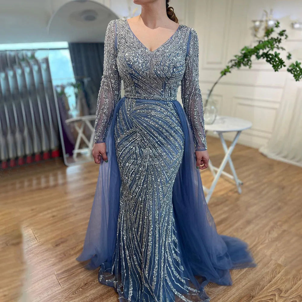 Serene Hill  Mermaid Beaded  Blue Muslim  Evening Dresses Gowns  with Detachable Skirt 2025  LA71750 Customized