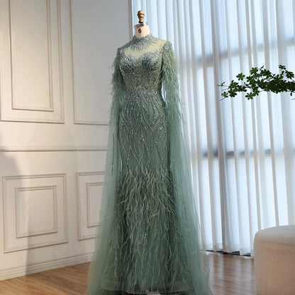 Nude Feather Evening Dress for Women High Neck Cape Sleeve Luxury Beaded Formal Gown Serene Hill 2025 Customized LA71885C