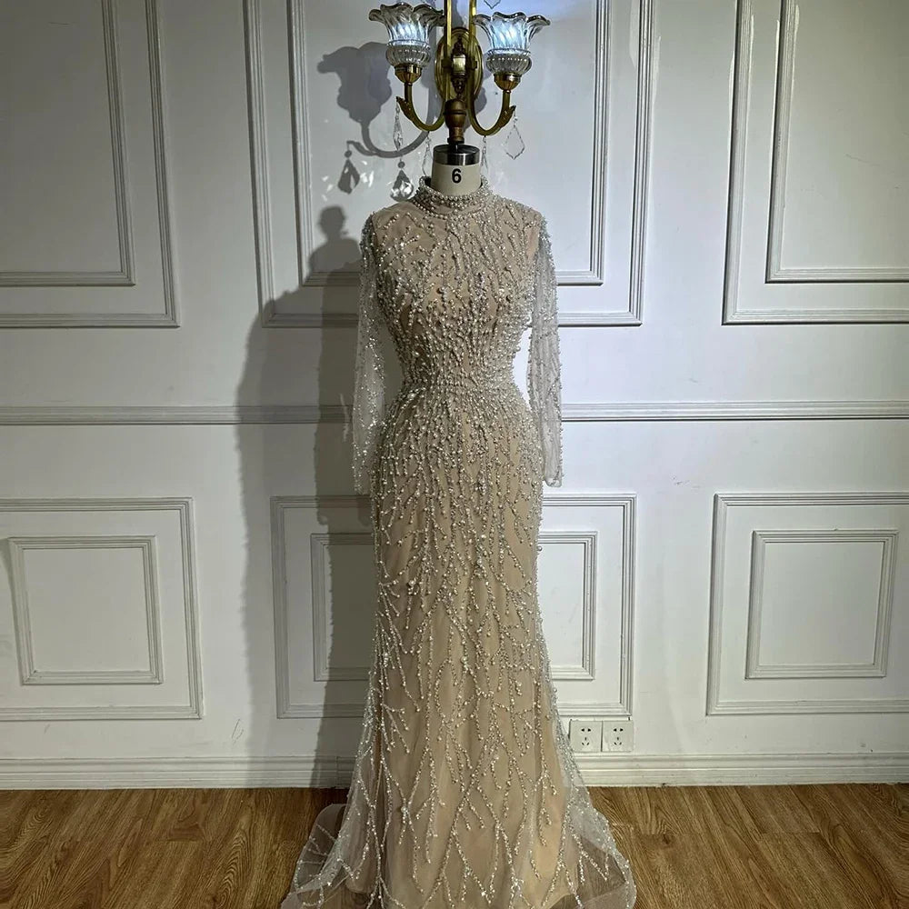 Serene Hill 2025 Saudi Arabic Pearls Beaded Nude Mermaid Evening Dresses For Formal Occasion LA72345A Customized