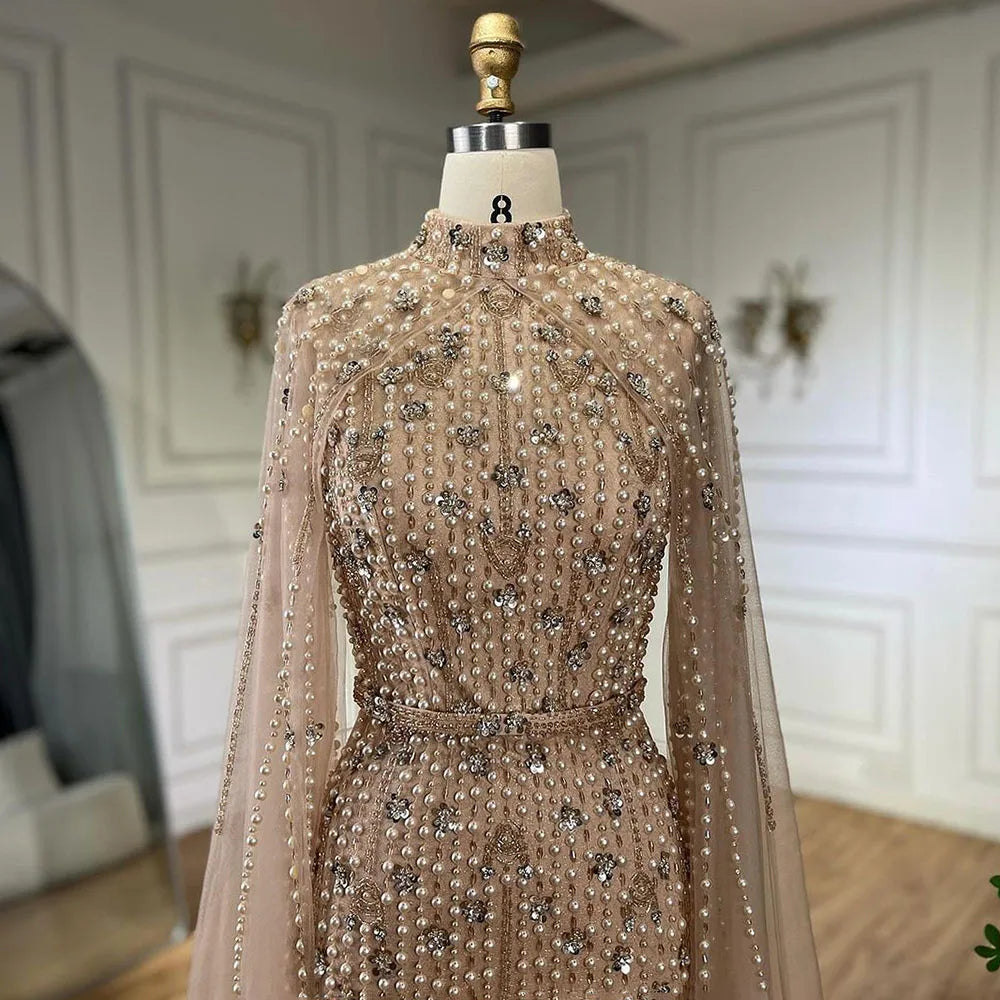 Muslim Nude Mermaid Cape Sleeves Pearls Beaded Luxury Dubai Evening Dresses Gowns 2025 Wedding Party LA72372 Customized
